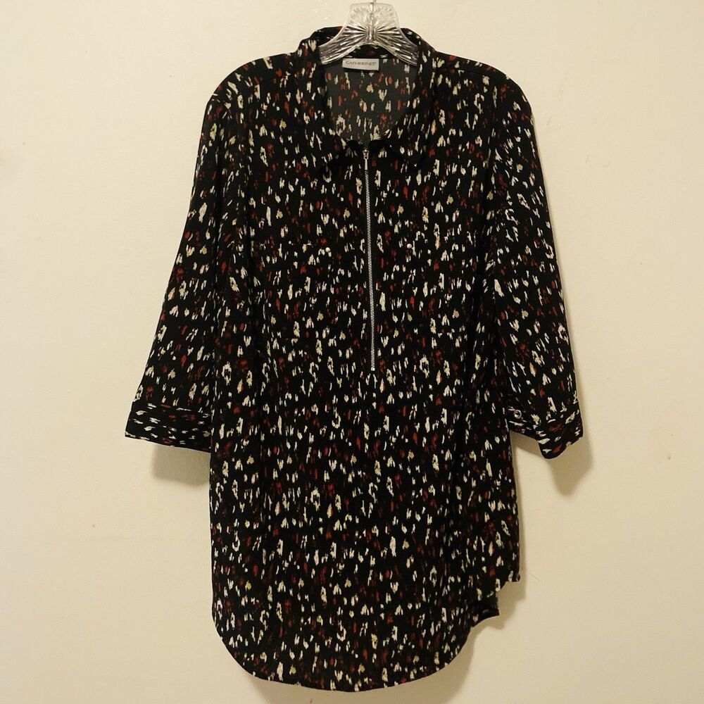 CATHERINES black multicolor 1/4 zip 3/4 sleeve tunic top 46" bust